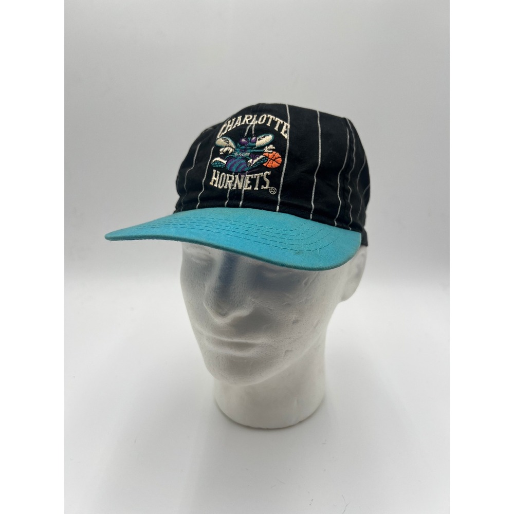 Vintage Charlotte Hornets Snapback Hat NBA Pinstripe Black Teal Retro Cap